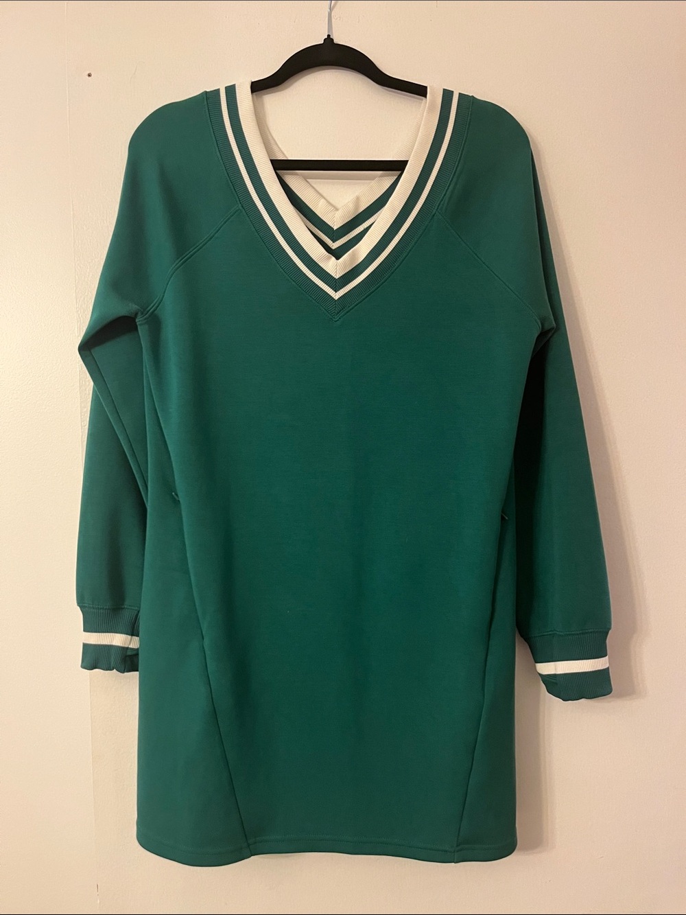 Green V-Neck Striped Trim Mini Sweater Dress